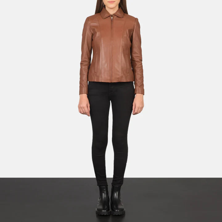 "Colette Brown Leather Jacket by MordenJacket – a chic and sophisticated brown leather jacket featuring a slim-fit design, smooth finish, and minimalist details, perfect for elevating everyday outfits with effortless elegance."