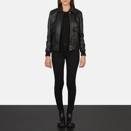 "Westa A-2 Black Leather Bomber Jacket by MordenJacket – a timeless aviator-inspired jacket crafted from premium black leather, featuring a classic silhouette, ribbed cuffs and hem, and a front zip closure for rugged yet refined style."