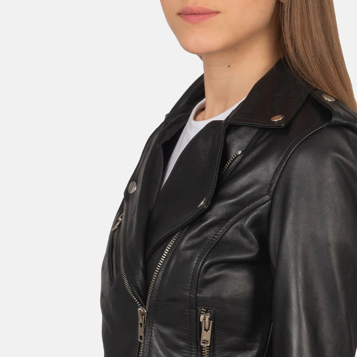 "Alison Black Leather Biker Jacket by MordenJacket – a sleek and modern biker jacket crafted from smooth black leather, featuring an asymmetrical front zip, snap lapels, and a flattering tailored fit for a confident, edgy look."
left side pose