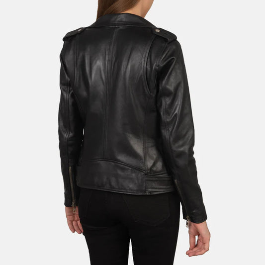 "Alison Black Leather Biker Jacket by MordenJacket – a sleek and modern biker jacket crafted from smooth black leather, featuring an asymmetrical front zip, snap lapels, and a flattering tailored fit for a confident, edgy look."
back pose