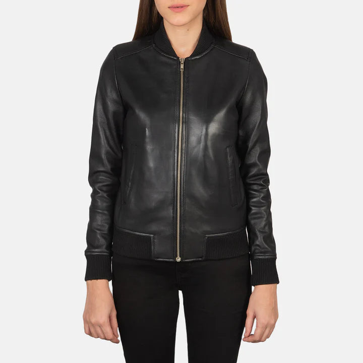 "Bliss Black Leather Bomber Jacket by MordenJacket – a contemporary black leather bomber featuring a smooth finish, ribbed cuffs and hem, and a relaxed yet structured fit for a perfect balance of comfort and cool."
close jacket front pose