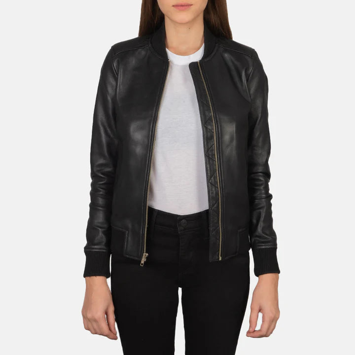 "Bliss Black Leather Bomber Jacket by MordenJacket – a contemporary black leather bomber featuring a smooth finish, ribbed cuffs and hem, and a relaxed yet structured fit for a perfect balance of comfort and cool."
open jacket front pose