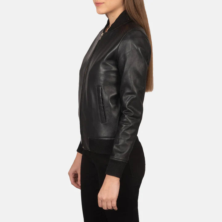 "Bliss Black Leather Bomber Jacket by MordenJacket – a contemporary black leather bomber featuring a smooth finish, ribbed cuffs and hem, and a relaxed yet structured fit for a perfect balance of comfort and cool."
 right side pose