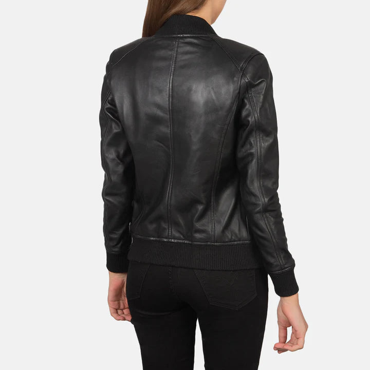 "Bliss Black Leather Bomber Jacket by MordenJacket – a contemporary black leather bomber featuring a smooth finish, ribbed cuffs and hem, and a relaxed yet structured fit for a perfect balance of comfort and cool."
back pose