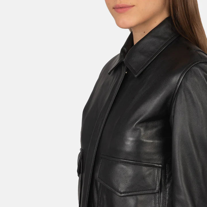 "Westa A-2 Black Leather Bomber Jacket by MordenJacket – a timeless aviator-inspired jacket crafted from premium black leather, featuring a classic silhouette, ribbed cuffs and hem, and a front zip closure for rugged yet refined style."
sholder pose