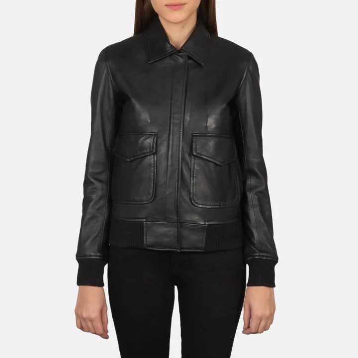 "Westa A-2 Black Leather Bomber Jacket by MordenJacket – a timeless aviator-inspired jacket crafted from premium black leather, featuring a classic silhouette, ribbed cuffs and hem, and a front zip closure for rugged yet refined style."