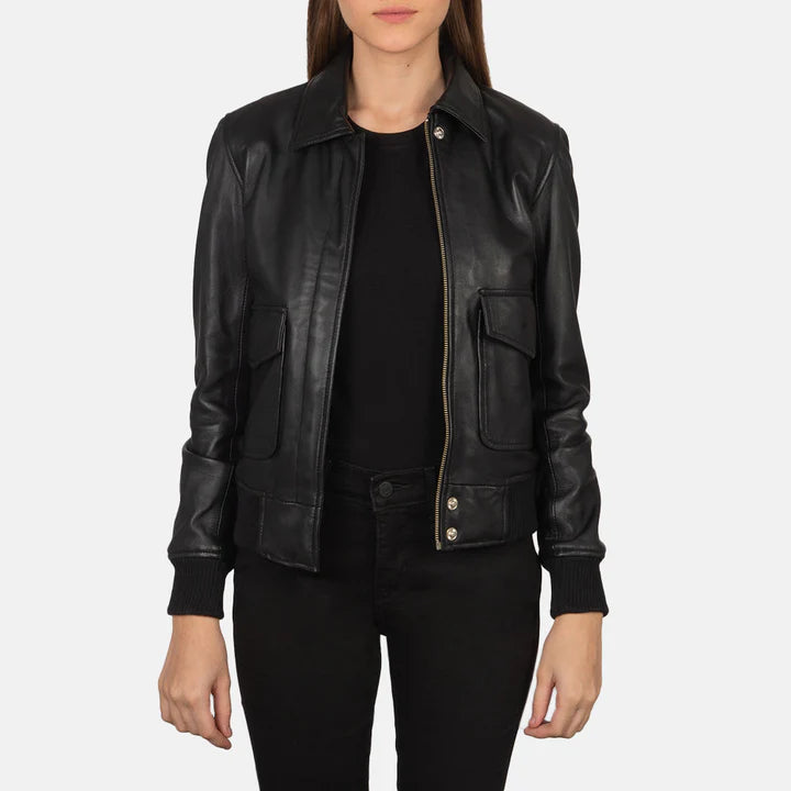 "Westa A-2 Black Leather Bomber Jacket by MordenJacket – a timeless aviator-inspired jacket crafted from premium black leather, featuring a classic silhouette, ribbed cuffs and hem, and a front zip closure for rugged yet refined style."
front zoom pose