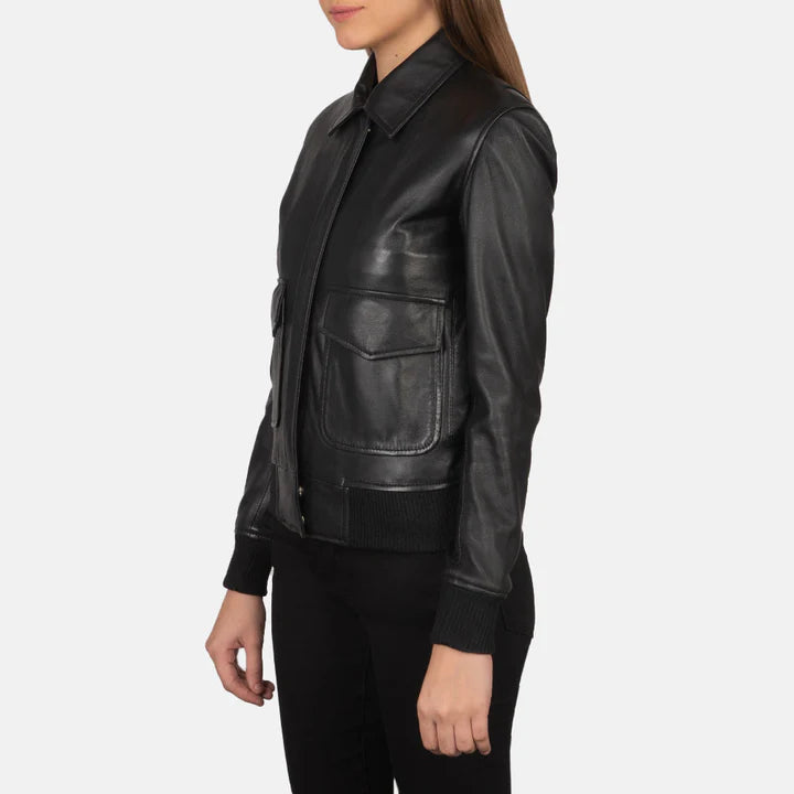 "Westa A-2 Black Leather Bomber Jacket by MordenJacket – a timeless aviator-inspired jacket crafted from premium black leather, featuring a classic silhouette, ribbed cuffs and hem, and a front zip closure for rugged yet refined style."
side pose