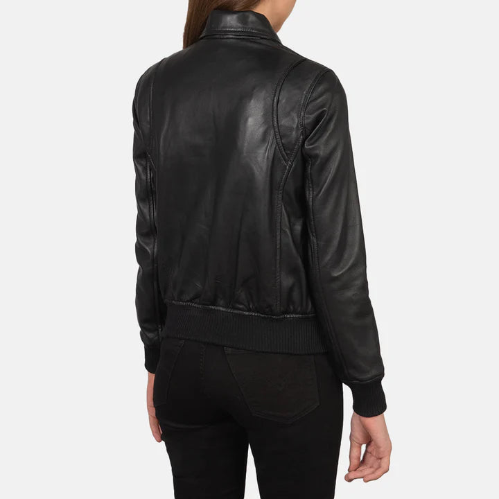 "Westa A-2 Black Leather Bomber Jacket by MordenJacket – a timeless aviator-inspired jacket crafted from premium black leather, featuring a classic silhouette, ribbed cuffs and hem, and a front zip closure for rugged yet refined style."
back pose