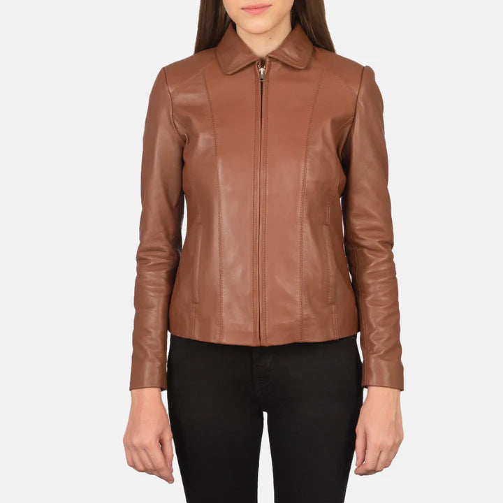 "Colette Brown Leather Jacket by MordenJacket – a chic and sophisticated brown leather jacket featuring a slim-fit design, smooth finish, and minimalist details, perfect for elevating everyday outfits with effortless elegance."
front zoom pose 