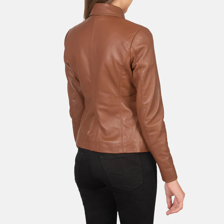 "Colette Brown Leather Jacket by MordenJacket – a chic and sophisticated brown leather jacket featuring a slim-fit design, smooth finish, and minimalist details, perfect for elevating everyday outfits with effortless elegance."
back pose