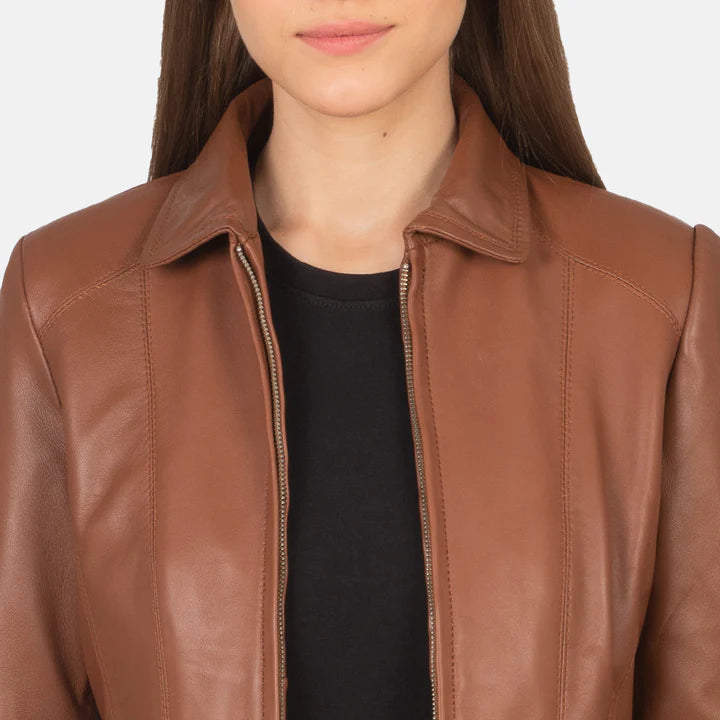 "Colette Brown Leather Jacket by MordenJacket – a chic and sophisticated brown leather jacket featuring a slim-fit design, smooth finish, and minimalist details, perfect for elevating everyday outfits with effortless elegance."
